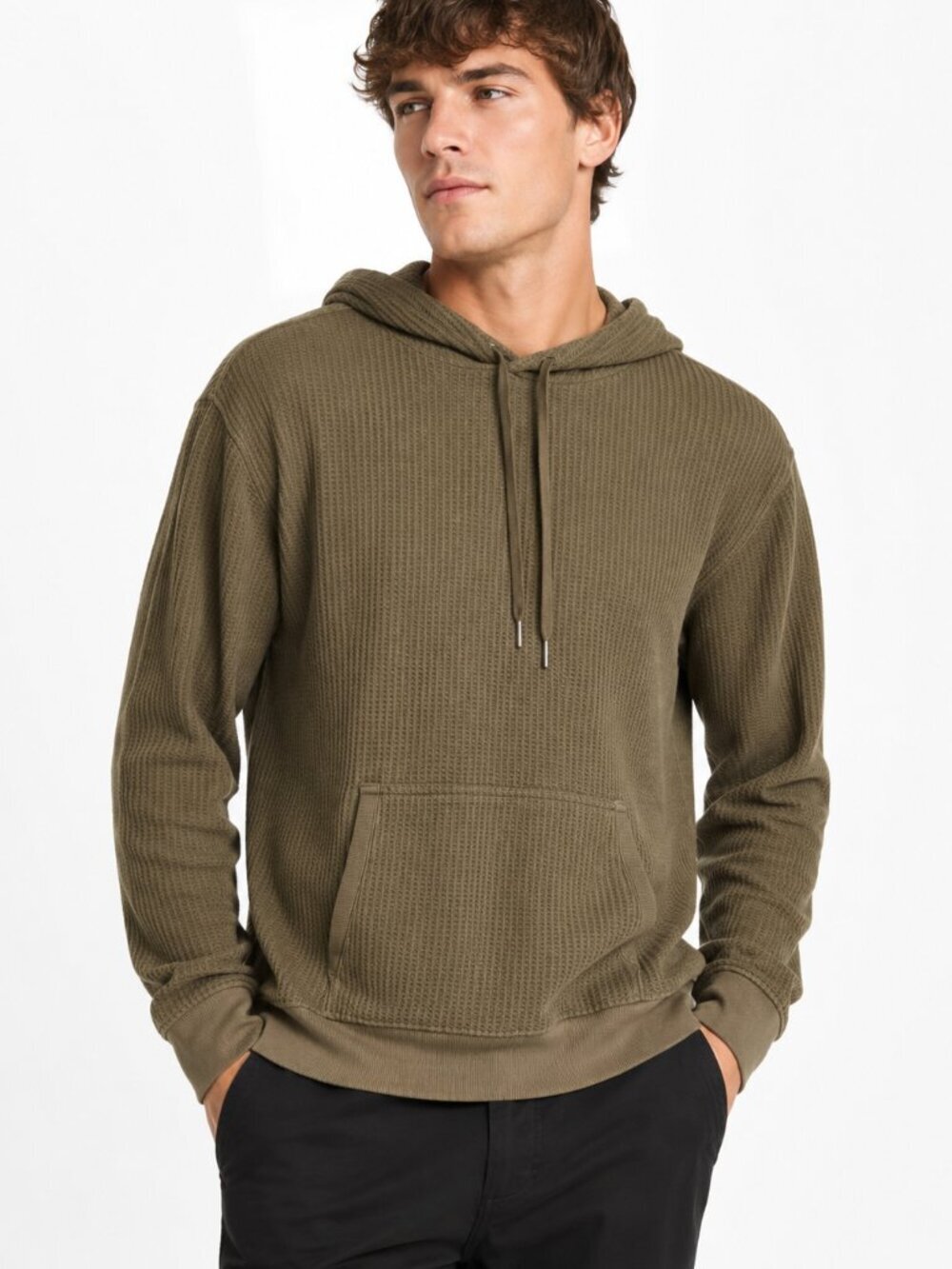 Feat Waffle Weave Hoodie Size Large Olive Green Pullover Kangaroo Pocket Knit